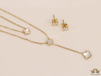 Dual chain necklace with white MOP clover in gold finish