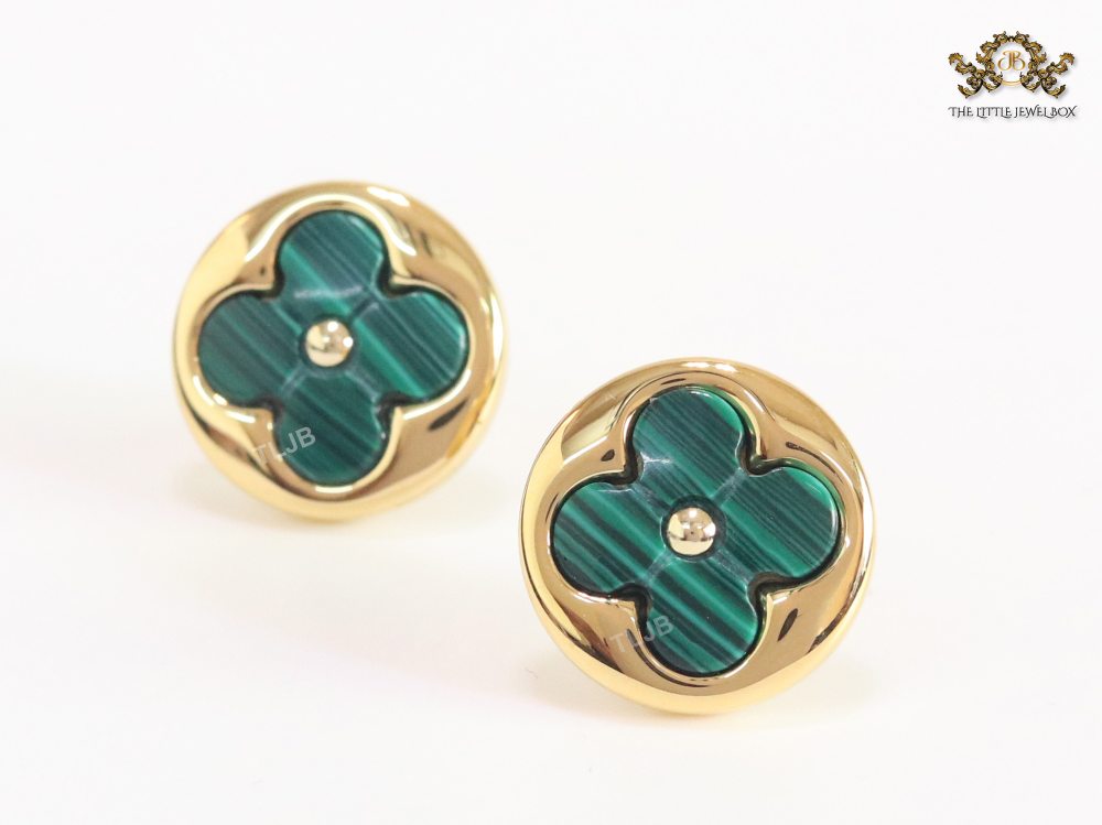 Green malachite & gold studs 15mm