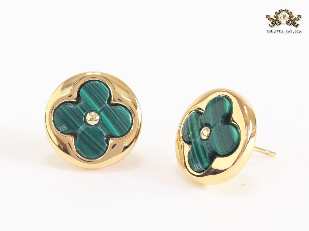 Green malachite & gold studs 15mm