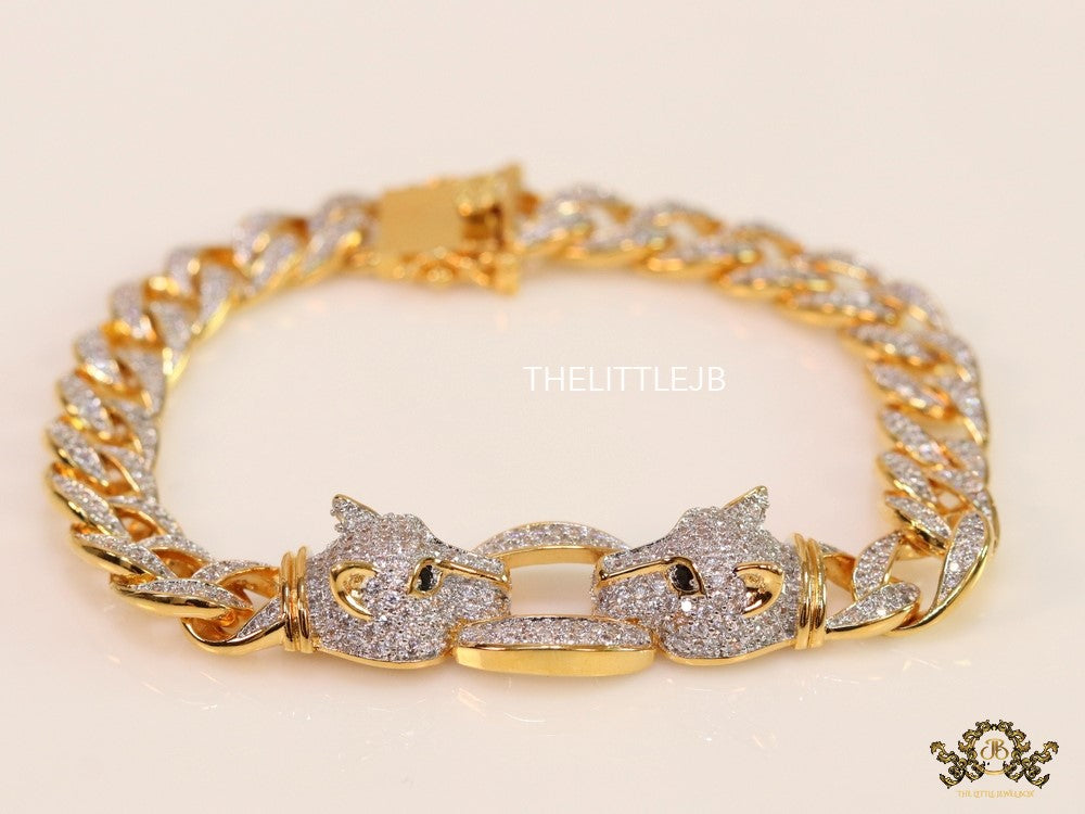 Mens dual plated cuban chain bracelet with cz panther motif