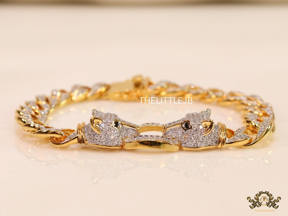 Mens dual plated cuban chain bracelet with cz panther motif