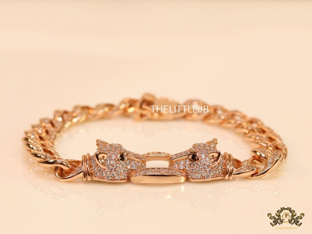 Mens Rose Gold plated cuban chain bracelet with cz panther motif