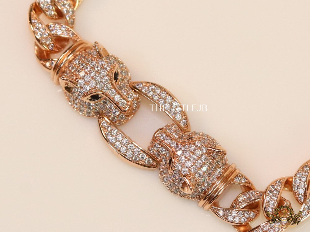 Mens Rose Gold plated cuban chain bracelet with cz panther motif