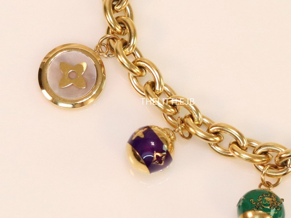 Gold plated link chain bracelet with multi enamel and MOP charms