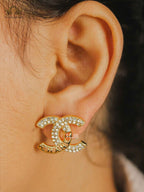 Double C Gold Crystal Stud Earrings
