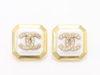 Square white enamel Double C gold earrings