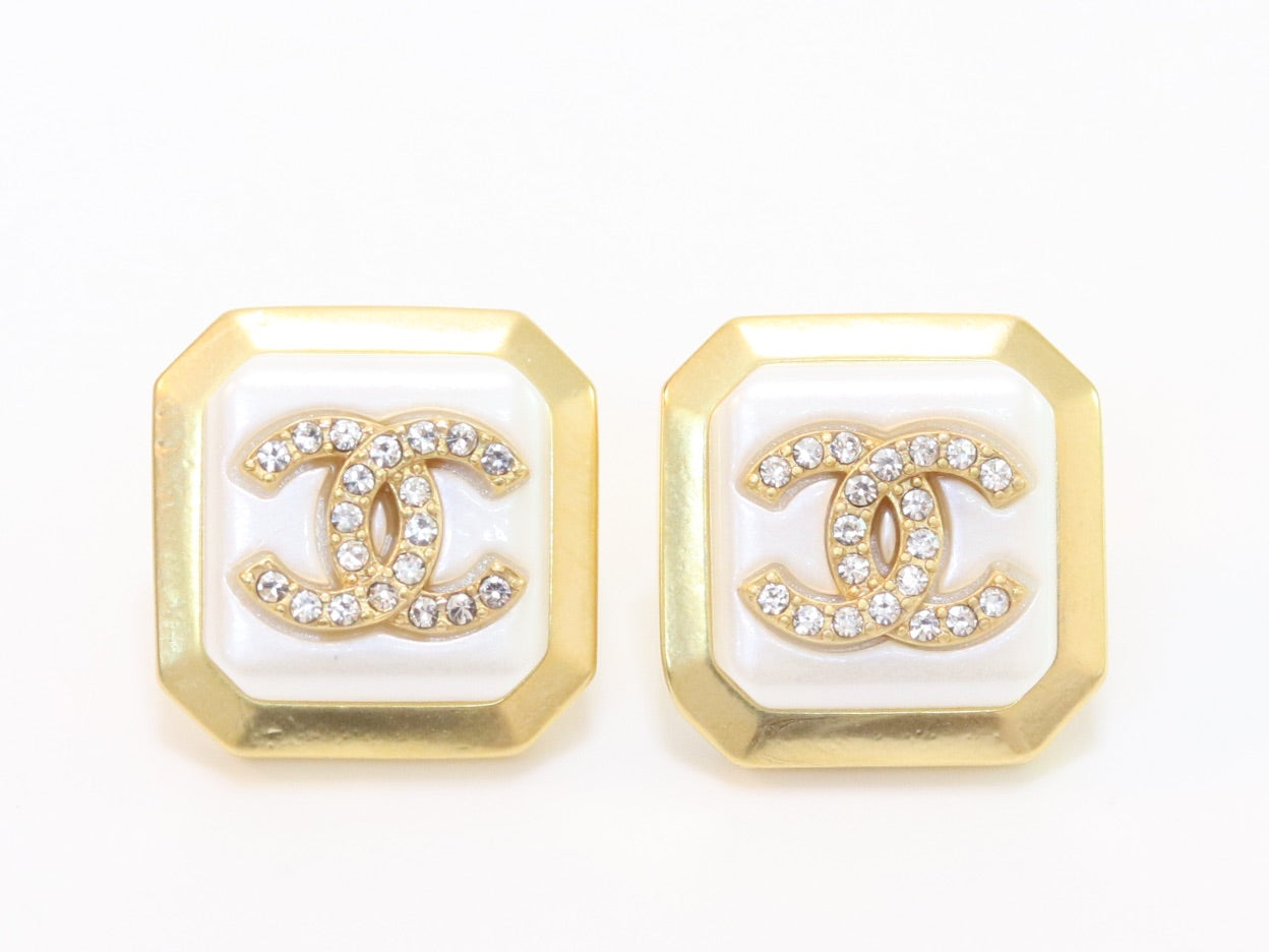 Square white enamel Double C gold earrings