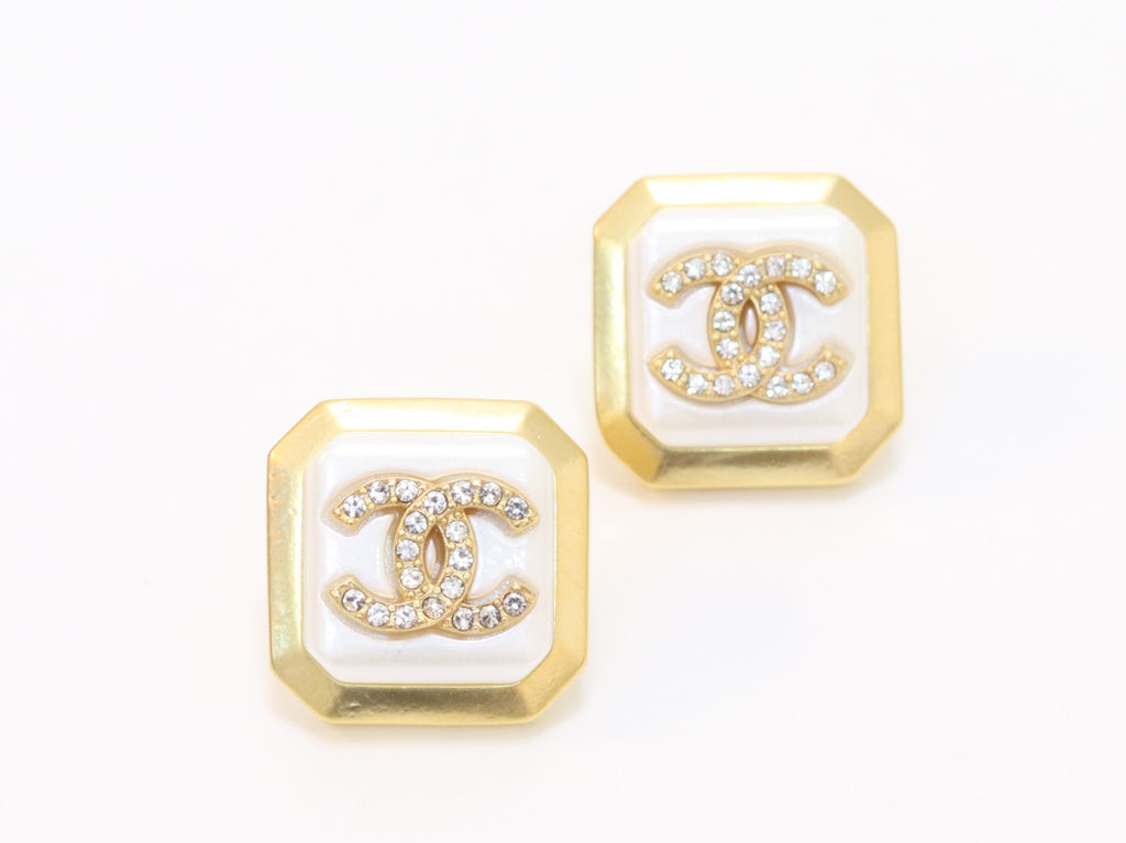 Square white enamel Double C gold earrings