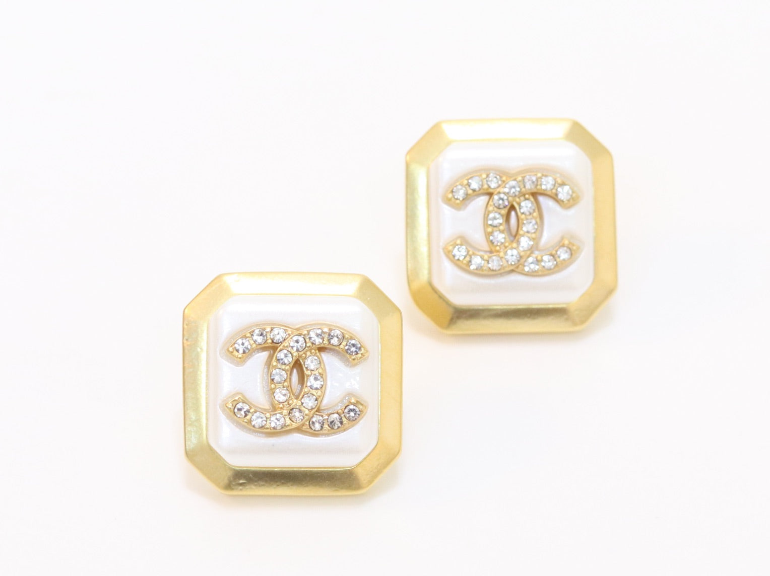 Square white enamel Double C gold earrings