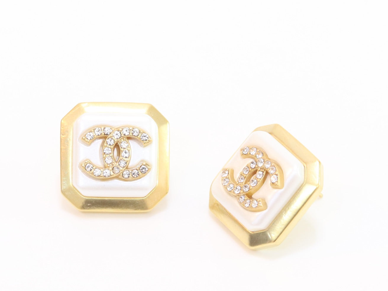 Square white enamel Double C gold earrings