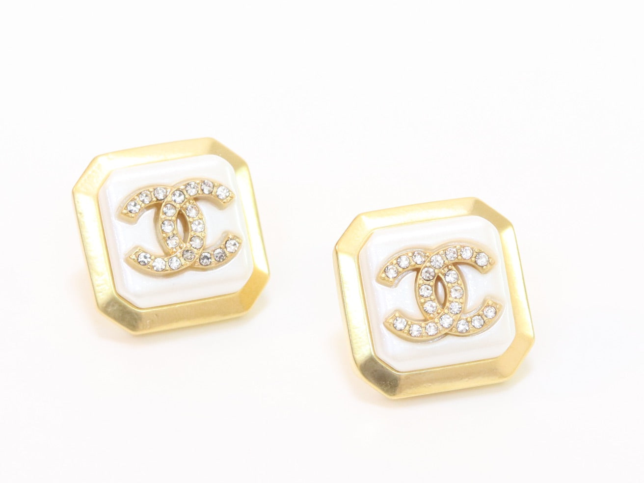 Square white enamel Double C gold earrings