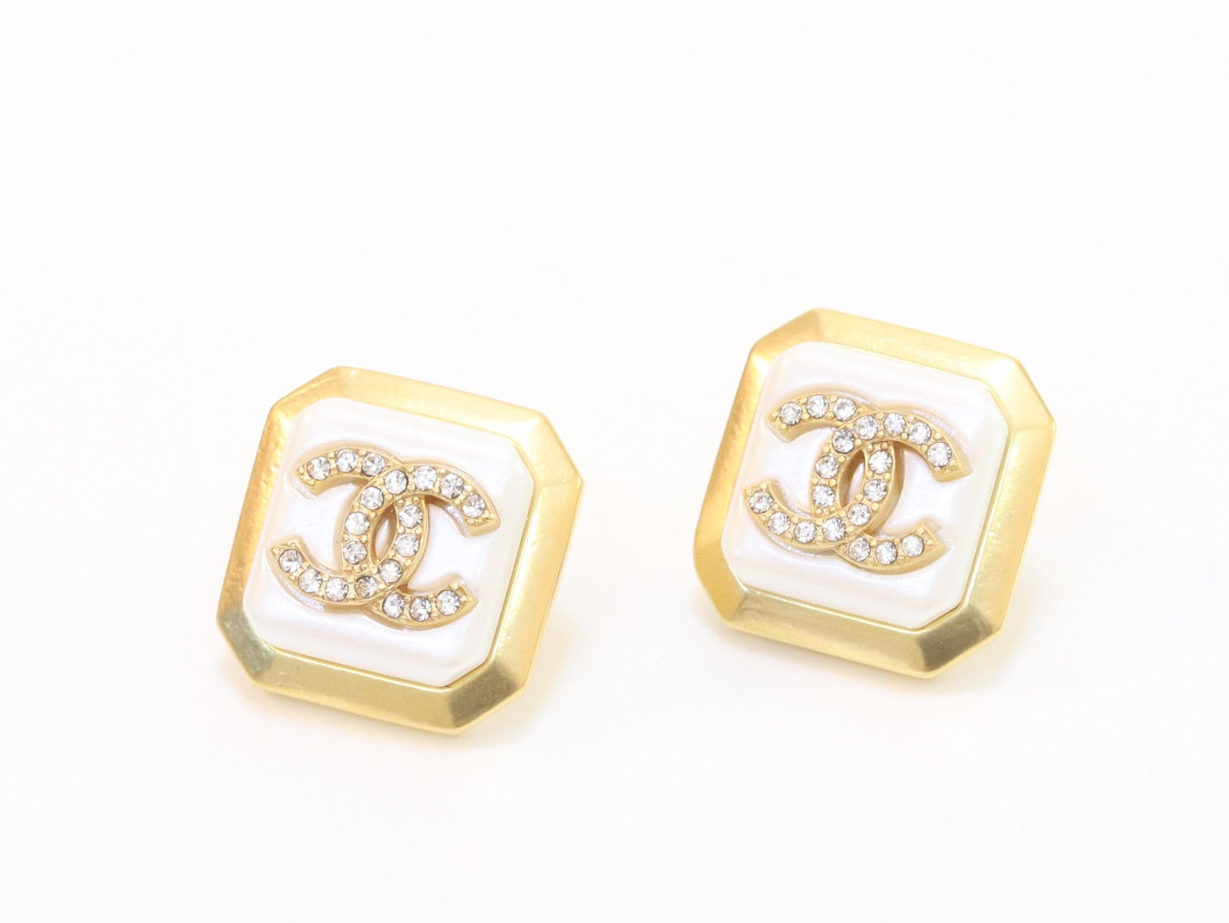 Square white enamel Double C gold earrings