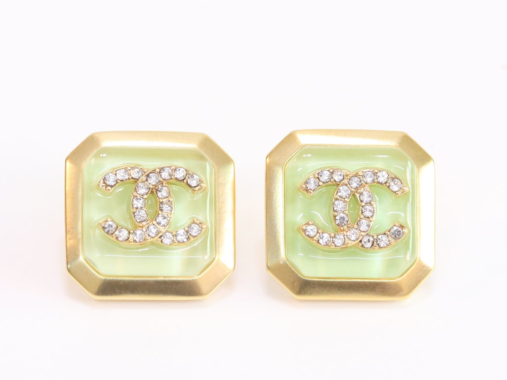 Square green enamel Double C gold earrings