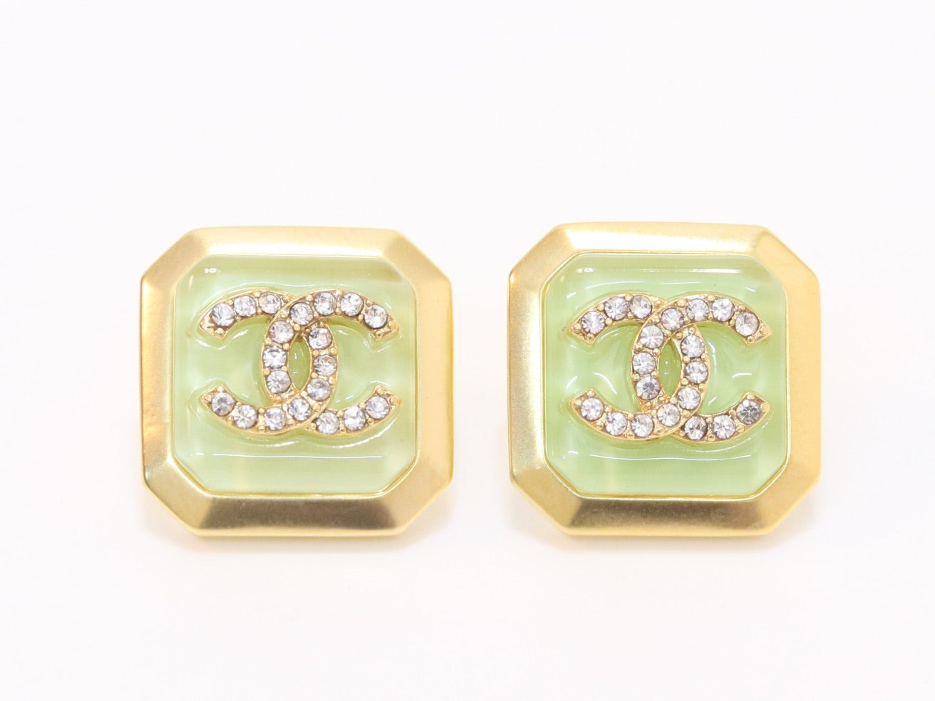 Square green enamel Double C gold earrings