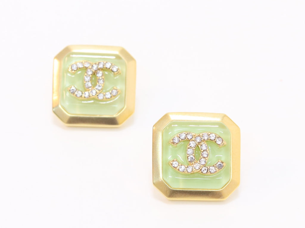 Square green enamel Double C gold earrings