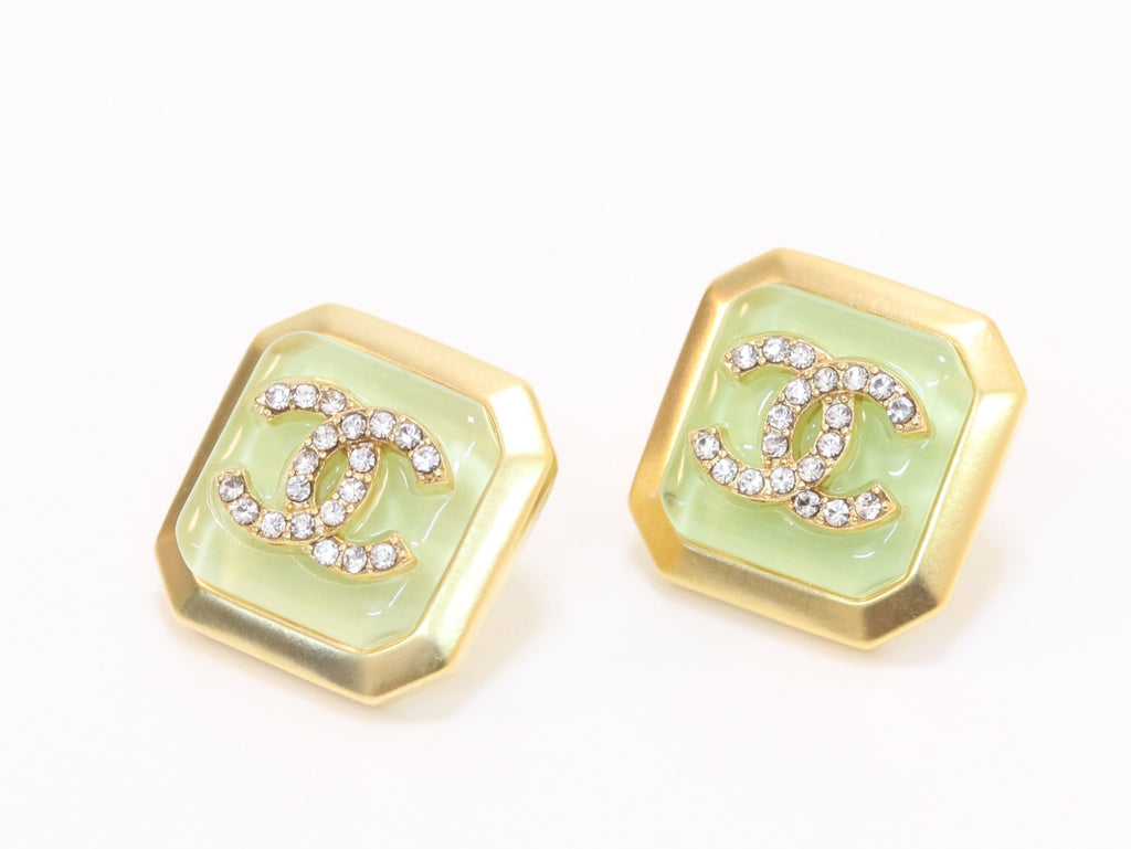 Square green enamel Double C gold earrings