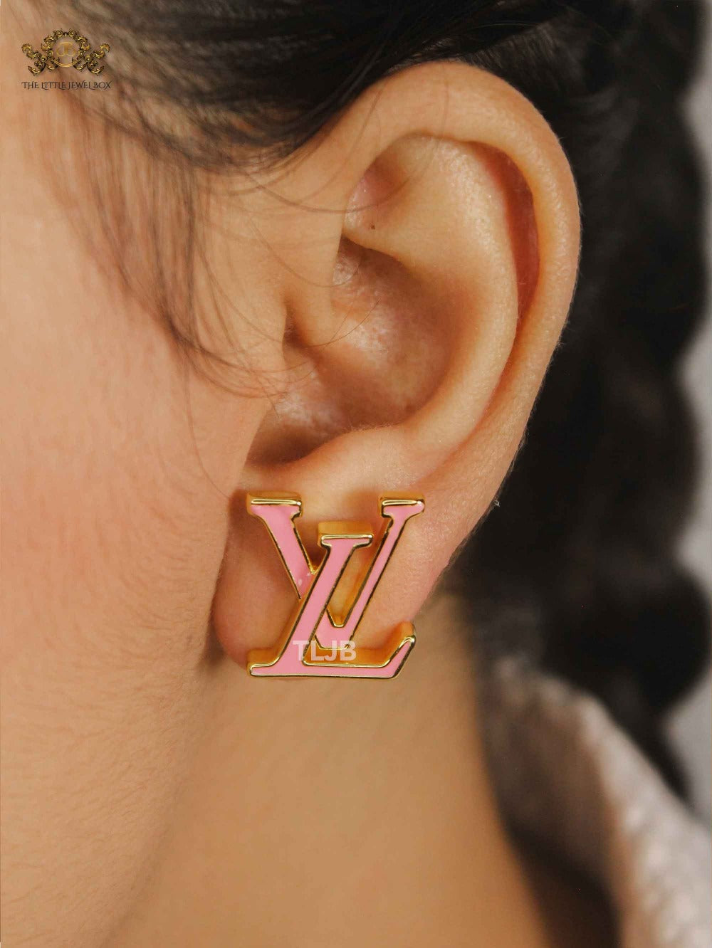 Alphabet LV Pink Enamel Stud Earrings
