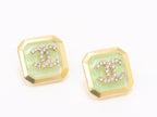 Square green enamel Double C gold earrings