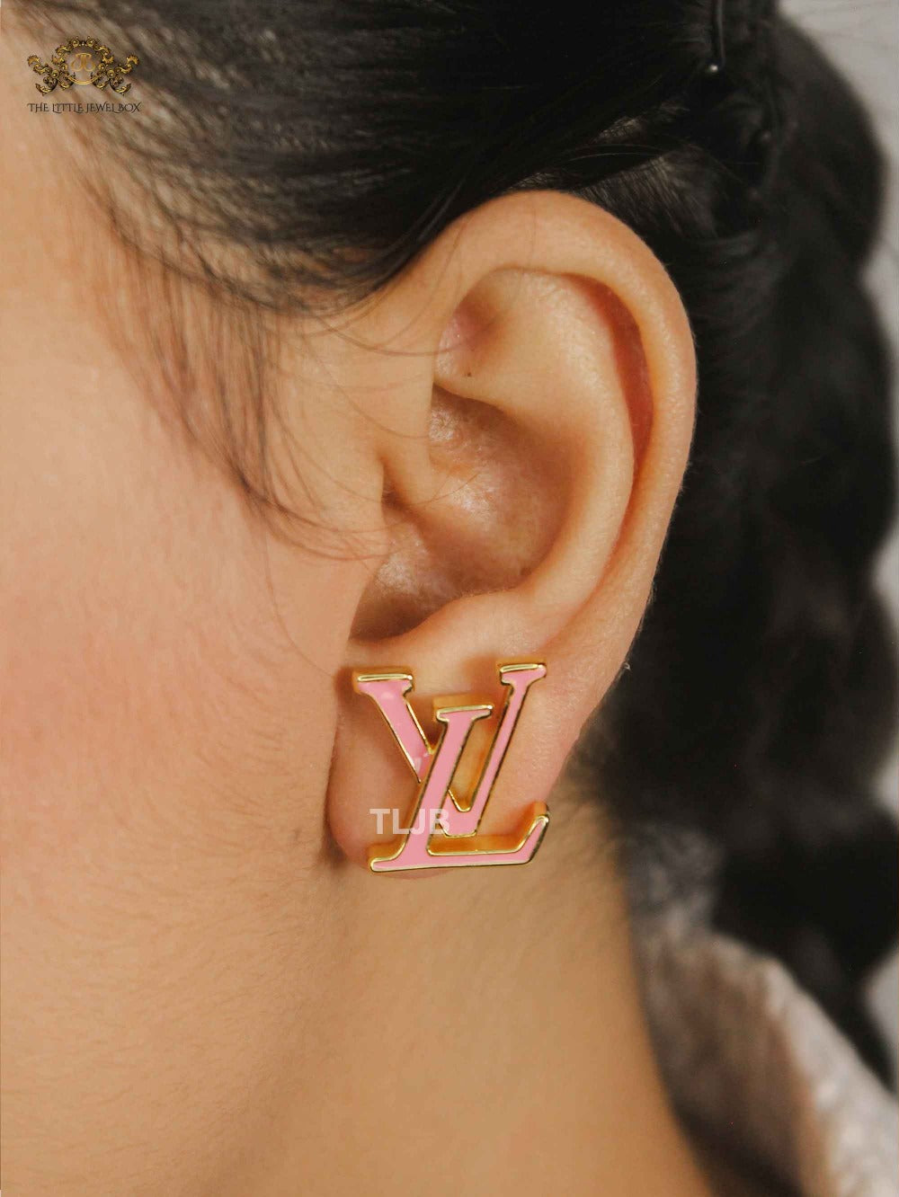 Alphabet LV Pink Enamel Stud Earrings