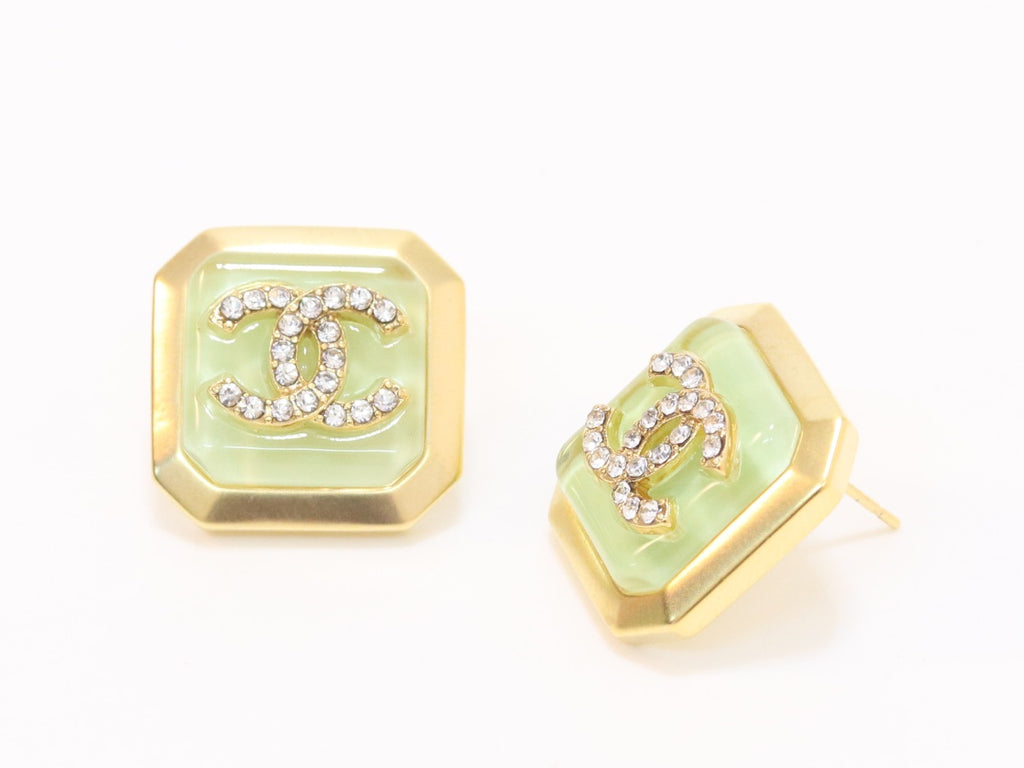 Square green enamel Double C gold earrings
