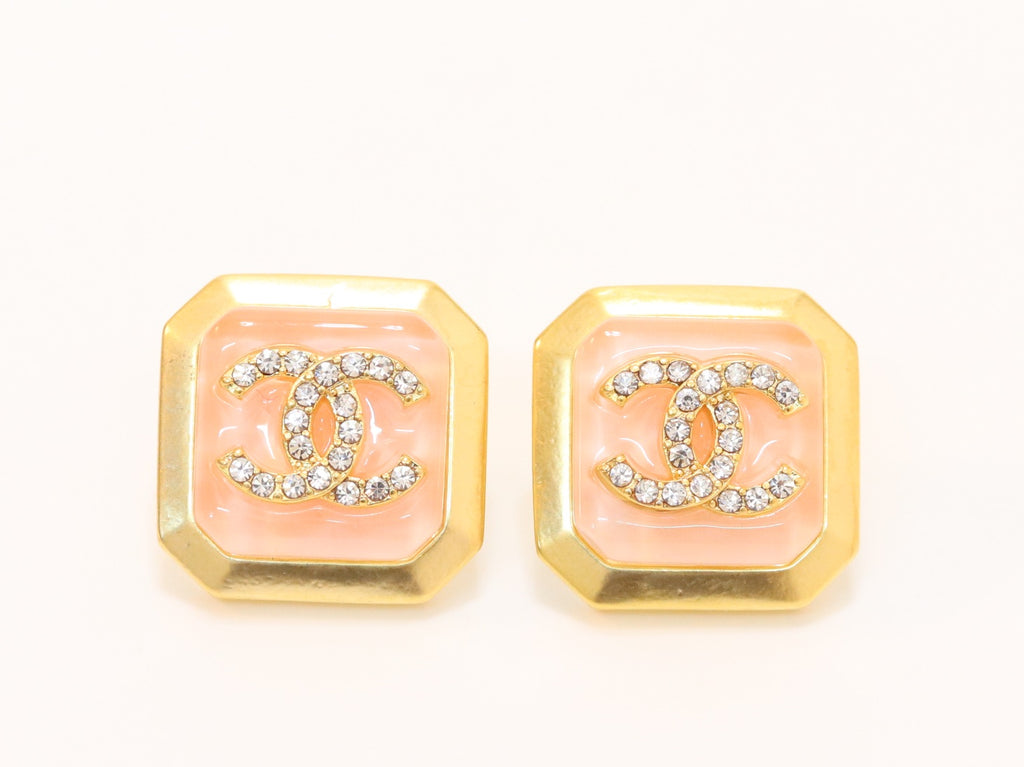 Square pink enamel Double C gold earrings