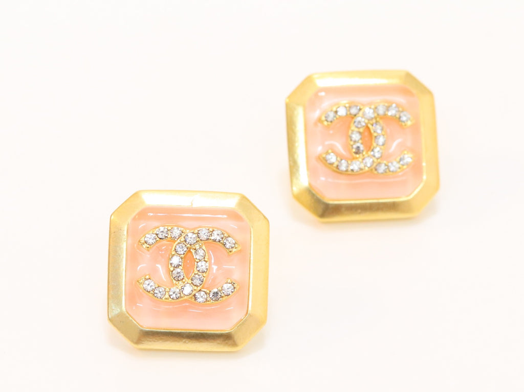 Square pink enamel Double C gold earrings