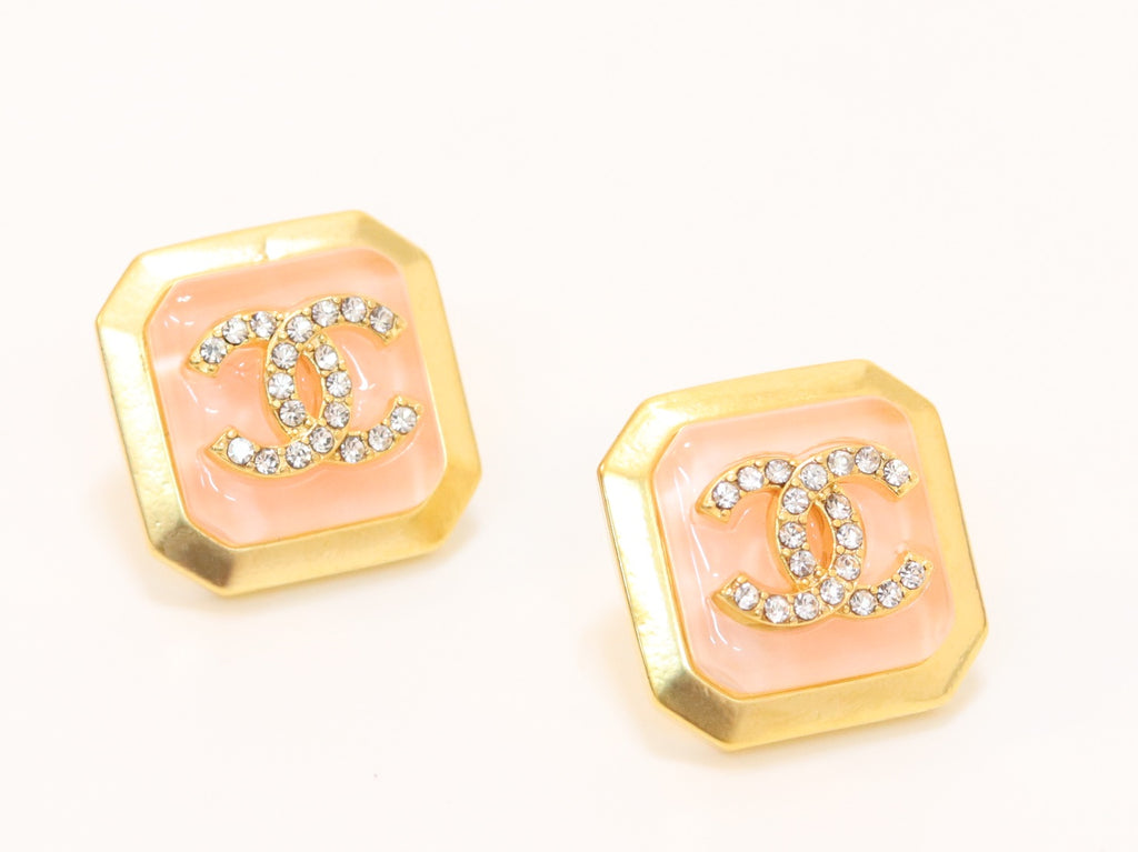 Square pink enamel Double C gold earrings