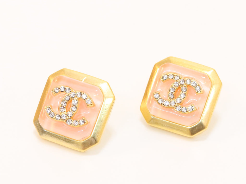 Square pink enamel Double C gold earrings