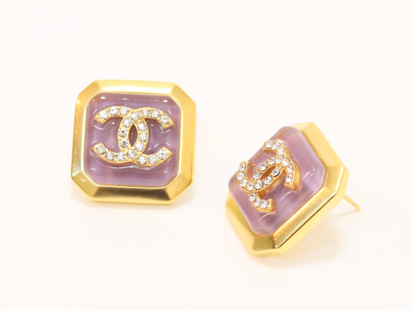Square purple enamel Double C gold earrings