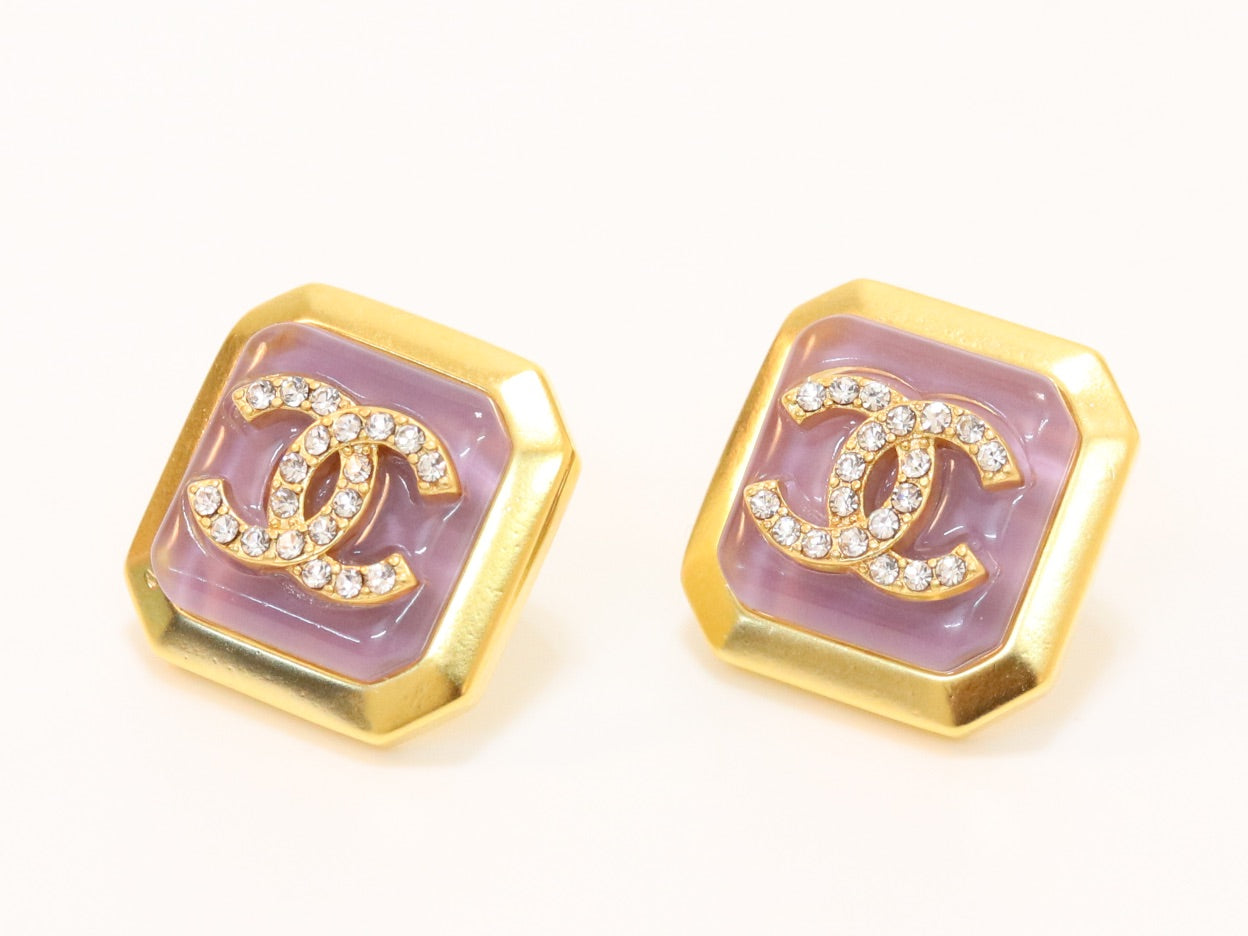 Square purple enamel Double C gold earrings