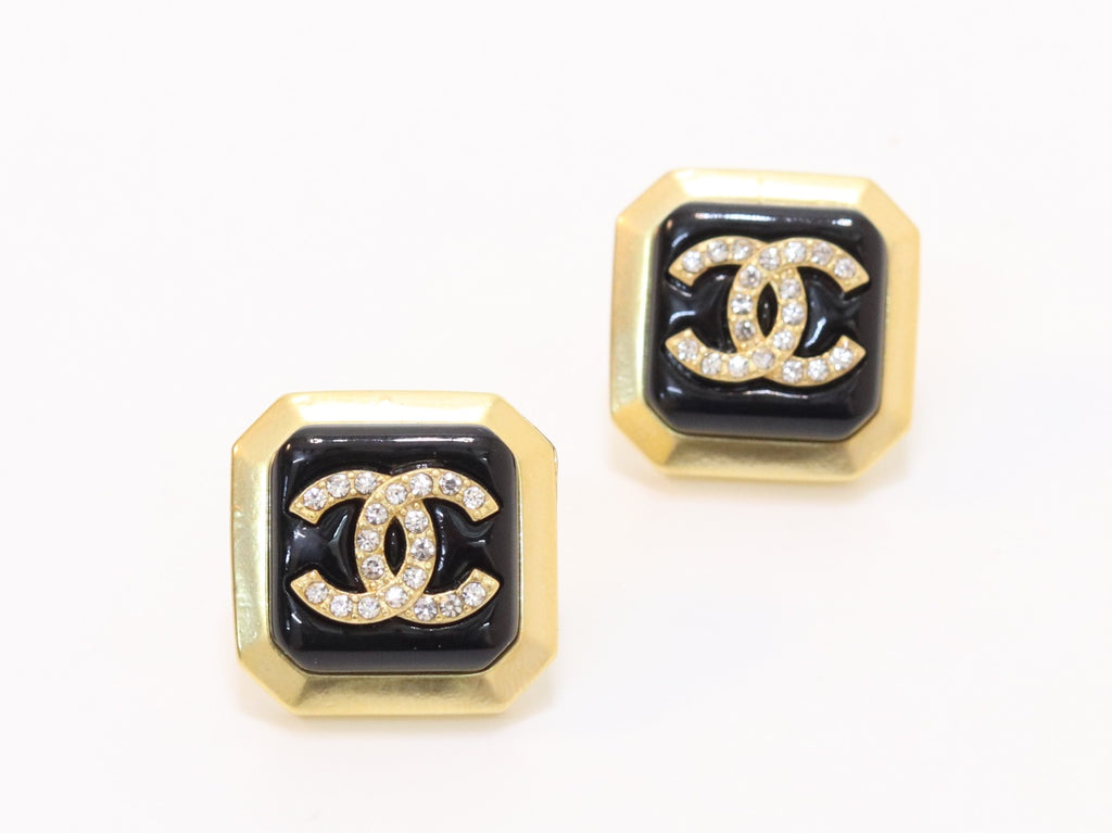 Square black enamel Double C gold earrings