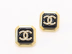 Square black enamel Double C gold earrings