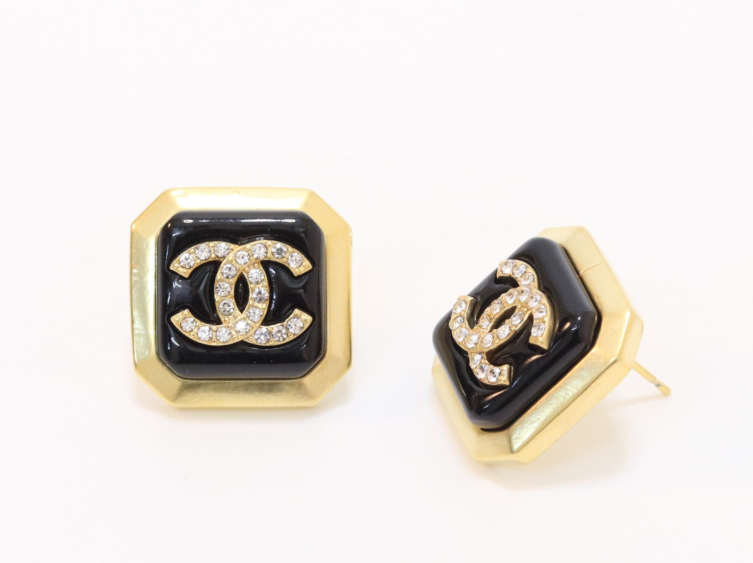 Square black enamel Double C gold earrings