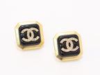 Square black enamel Double C gold earrings