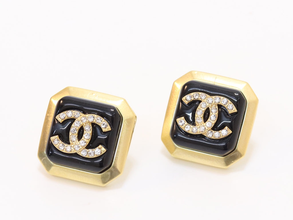 Square black enamel Double C gold earrings