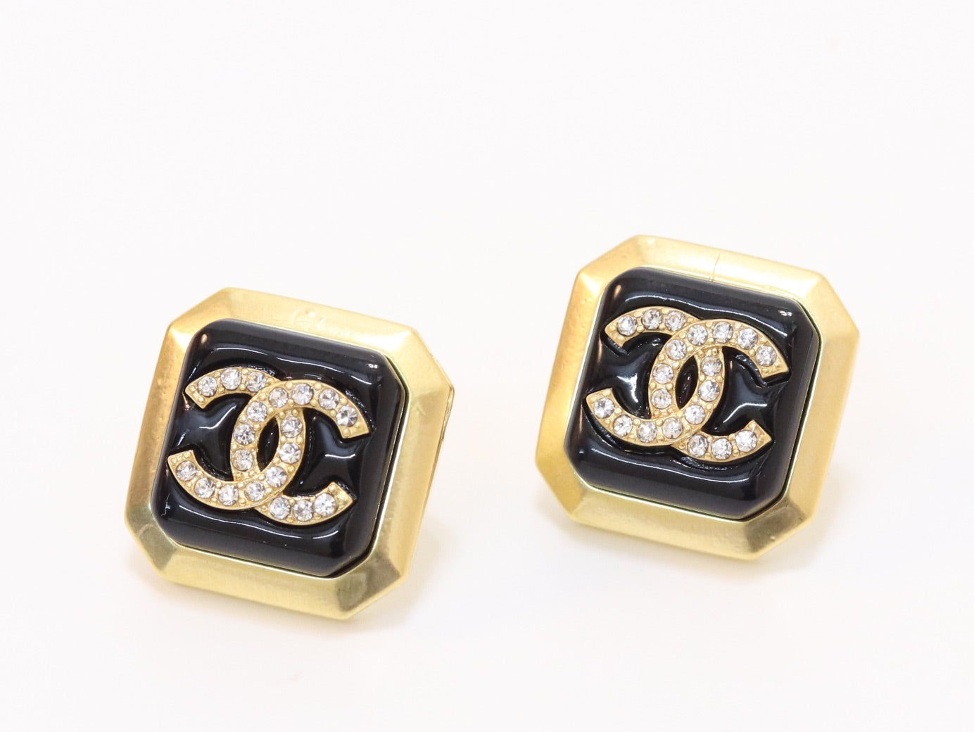 Square black enamel Double C gold earrings