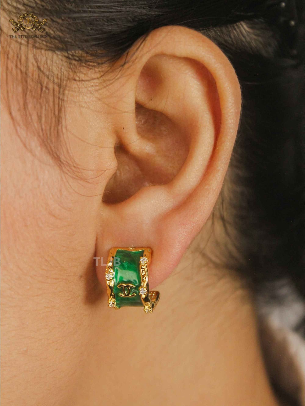 Double C Green Enamel Hoop Earrings