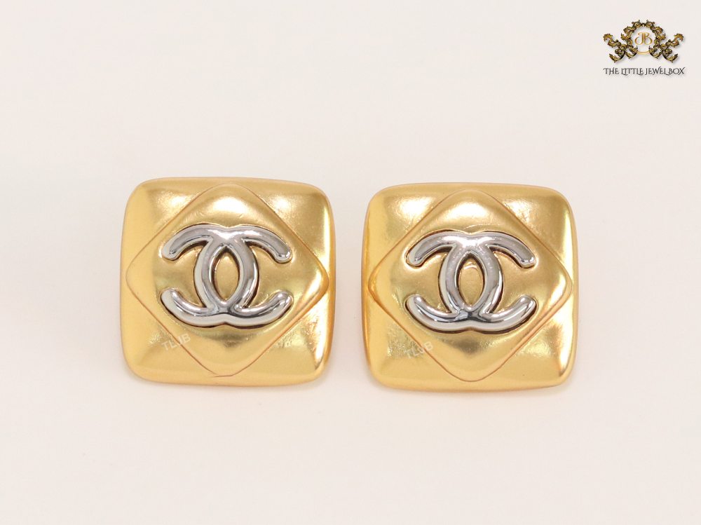 Double C matte gold and silver square studs with alphabet