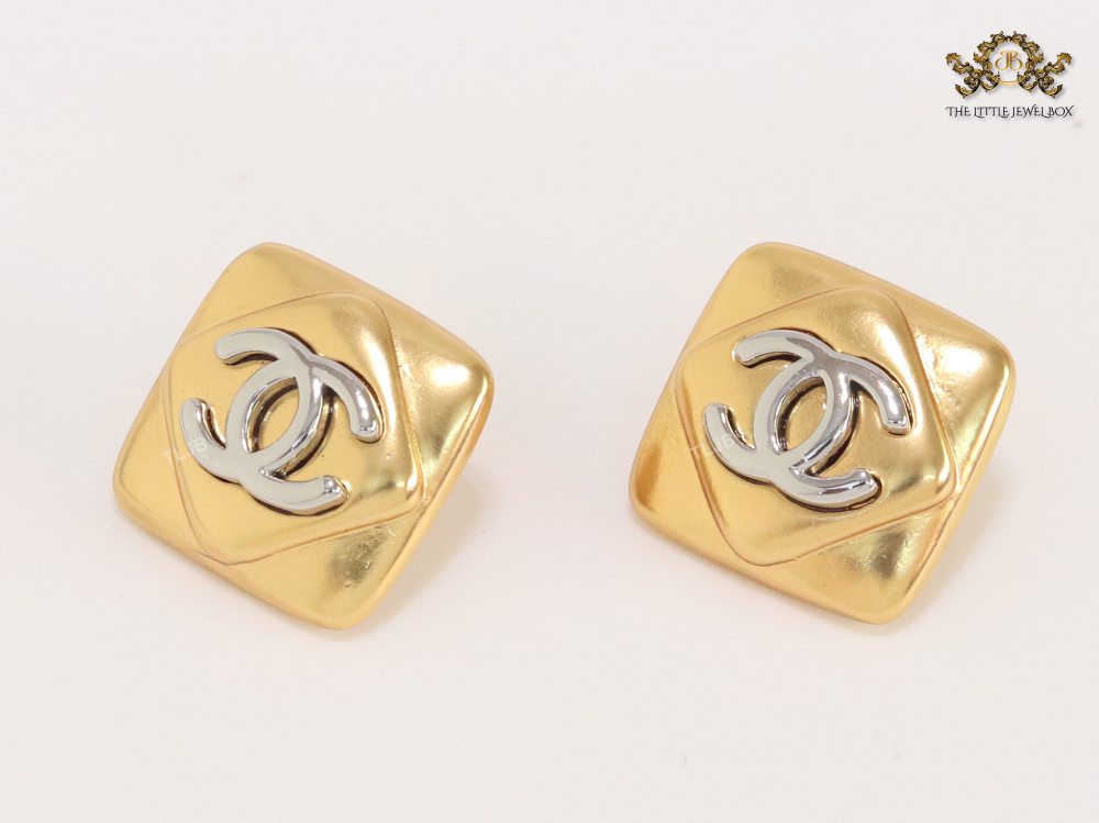 Double C matte gold and silver square studs with alphabet