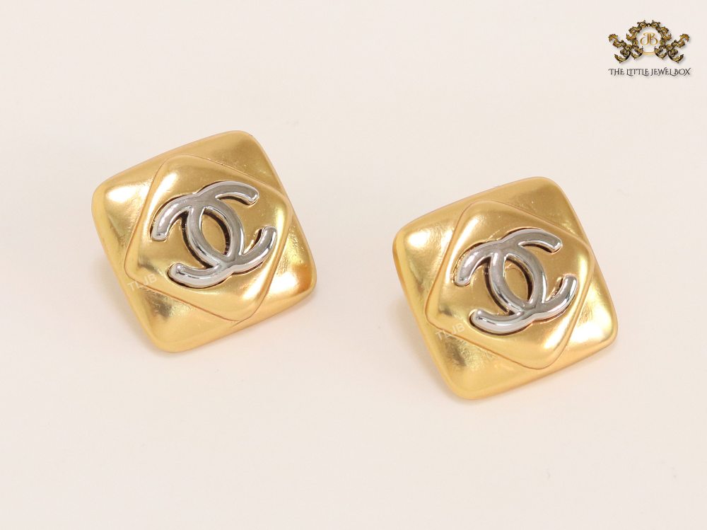 Double C matte gold and silver square studs with alphabet
