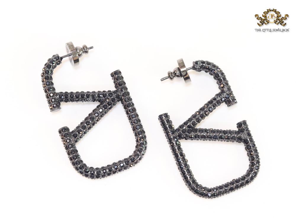Alphabet V black rhinestone hoops