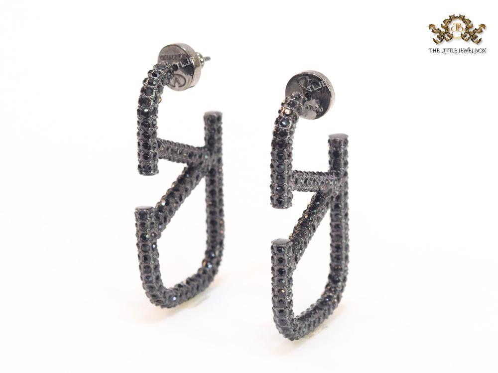 Alphabet V black rhinestone hoops