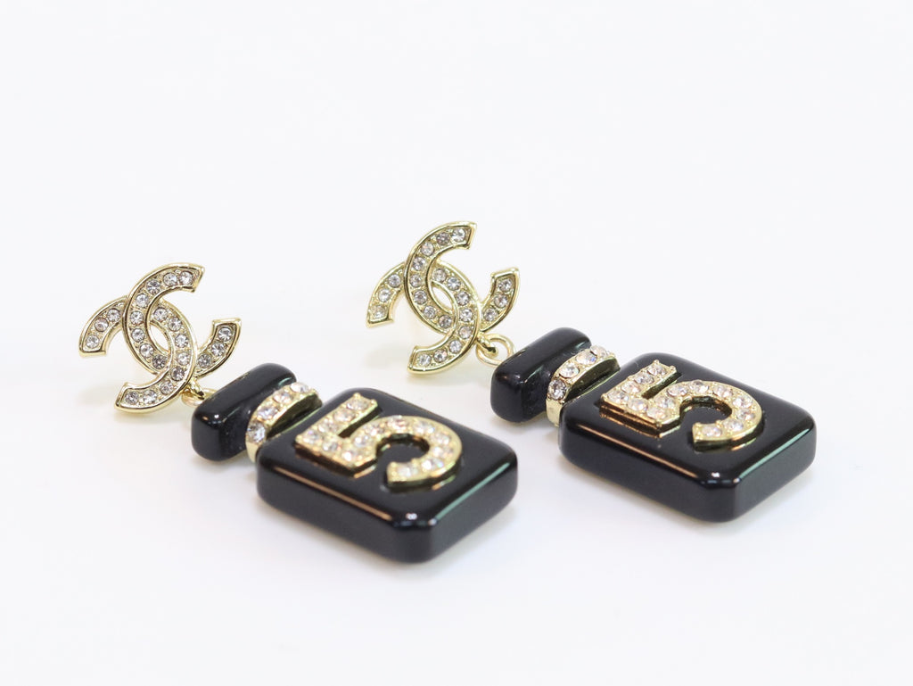 Double C gold danglers with 5 in CZ on black enamel