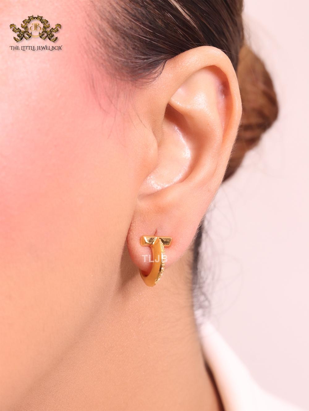 Alphabet T  gold hoops with cz
