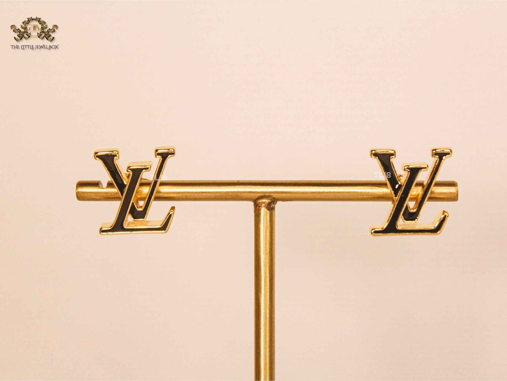 Alphabet L&V Gold Black Stud Earrings