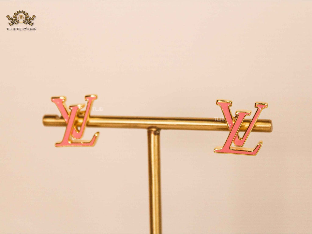 Alphabet LV Pink Enamel Stud Earrings