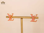 Alphabet LV Pink Enamel Stud Earrings