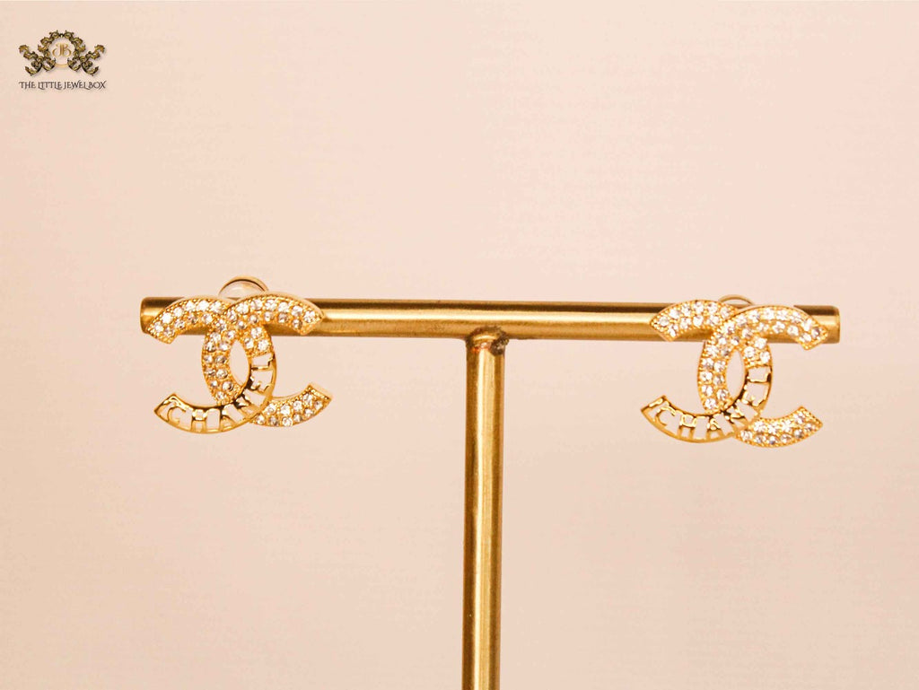 Double C Gold Crystal Stud Earrings