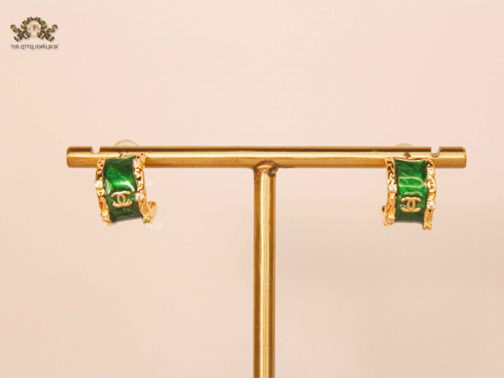Double C Green Enamel Hoop Earrings