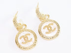 Double C on white enamel hanging gold earrings with CZ